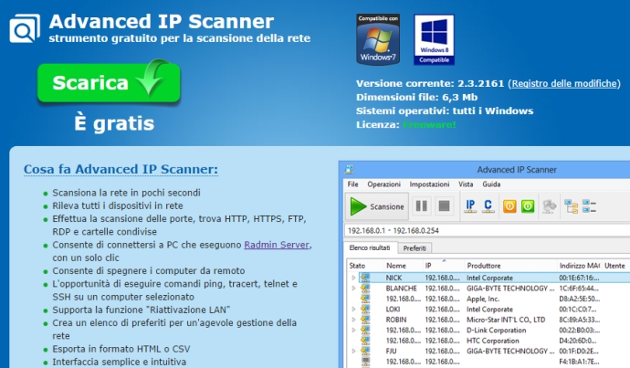 Programma per scansione rete wifi: Advanced IP Scanner